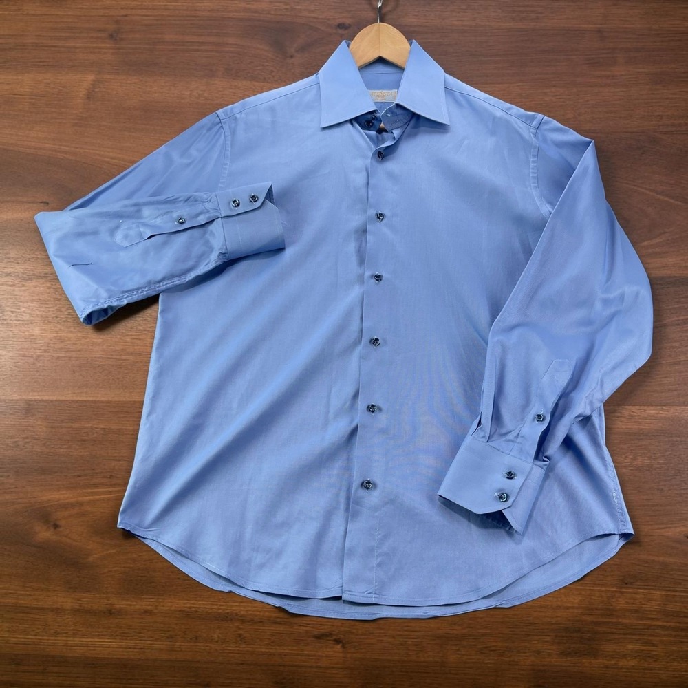 Vintage Lot 2 Ateseta Firenze Mens Dress Shirts 16.5 42 Blue Striped Solid Italy - Picture 4 of 16